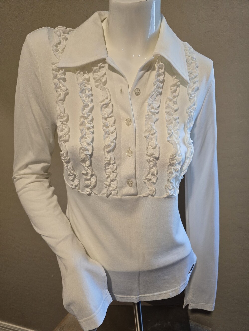 Guess White Ruffle-Front Button-Down Polo Blouse